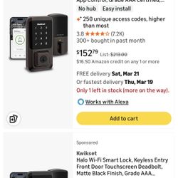 HALO Touchscreen WiFi Keypad Electronic Single-Cylinder Smart Lock Deadbolt featuring SmartKey Security 