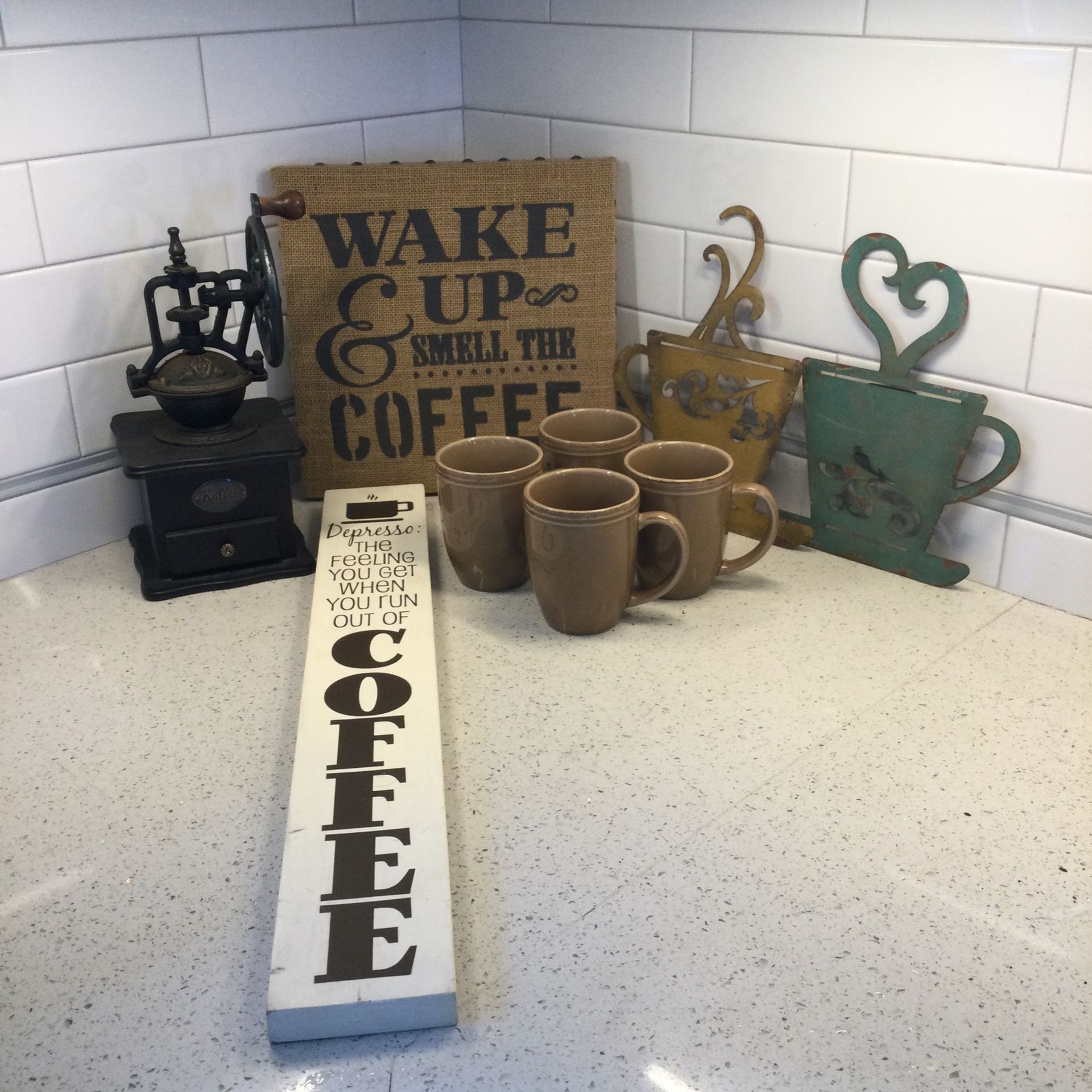 Kitchen - Coffee Bar Items,  Grinder, Coffee Mugs, 2 Metal  Wall Hangers & 2 Signs, 1 Burlap, 1 Wood$ 25.00Obo 