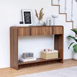 43.3" Narrow Console Table with 2 Drawer,Brown Fluted Entryway Table with Storage,Slim Long Sofa Table for Living Room,Hallway Entrance Foyer