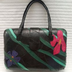 VINTAGE Genuine Frogskin Leather Handbag, Dual Handle, Hard Shell: Black w/ Green, Pink & Purple Floral Accents, Excellent Condition