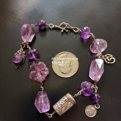 $50! Awesome 925 Sterling Silver Amethyst Charm Bracelet 9.25 Inches 