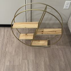Round Gold Metal Wall Shelf with Wooden Platforms