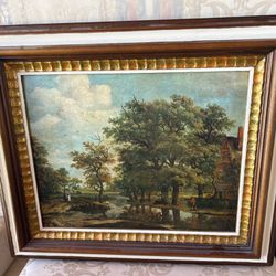 Vintage Meindert Hobbema Landscape Oil Painting Print Dutch Trees Stream Framed