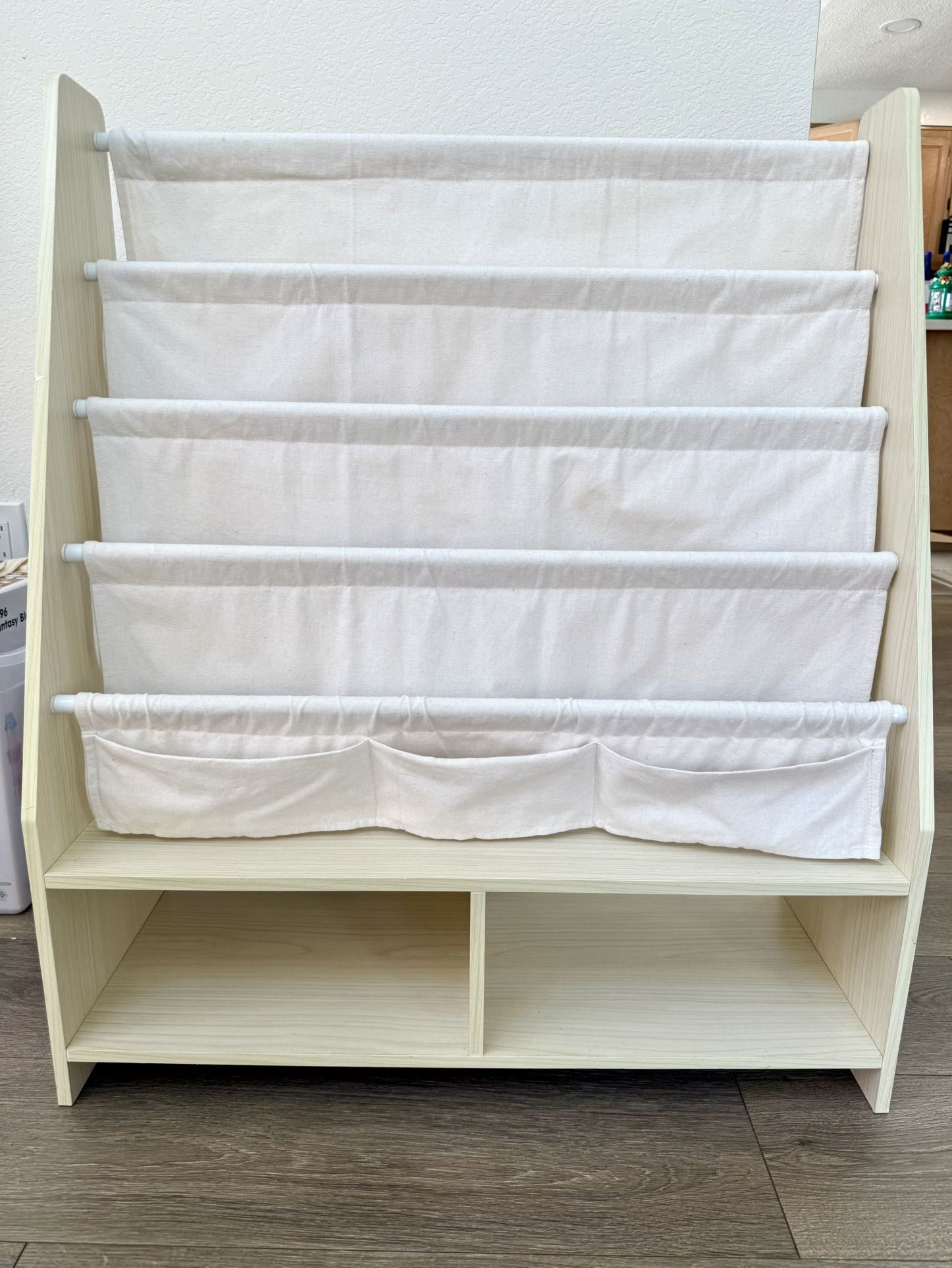 SEIRIONE Kids Bookshelf Toddler Bookshelf Cotton Sling 2 Cube Bins Beige Wood Texture