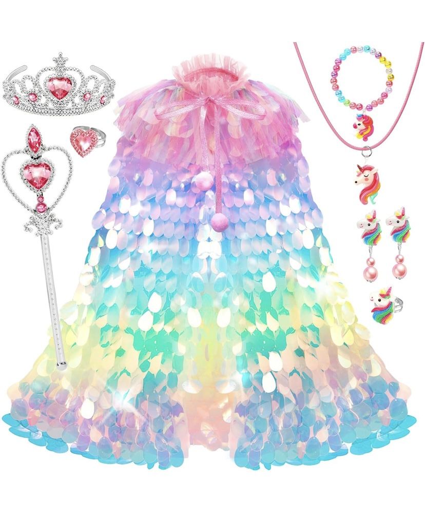 Princess Dress Up for Girls 4-6, 3 4 5 6 Year Old Girl Birthday Christmas Gifts, Rainbow Unicorn Toddler Toys for Ages 3-8, 9 PCS Mermaid Sequin Princ