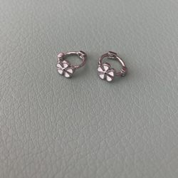 Tiny Cute Huggie Sterling Silver Flower Earrings 