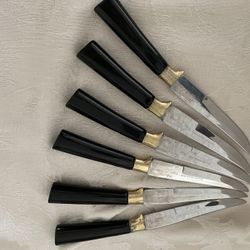 Vintage Set Of 6 Peeredge Steak Knives Made In Sheffield, England, 24 K Gold Plated Accents And Blacklight Handles  