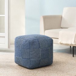 NEW & SEALED: Jani 20" Handcrafted Ottoman Pouf – Ivory/Sailor Blue
