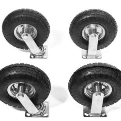 10" inch Pneumatic Tire Set of 4PC Air Rubber Tires (2) Rigid Fixed & (2) Swivel Caster Rubber Wheel Bolt-On