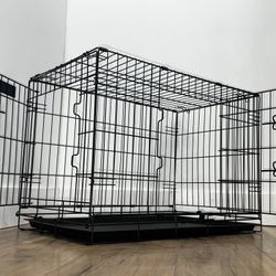 Dog Wire Cage 48 inches Reinforced Dog Crate Collapsible Pet Cage with Double Doors Leak Proof Plastic Tray Outdoor Indoor Portable for Pets Cats and 