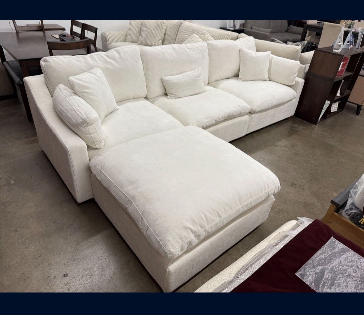 White Chenille Super Plush 119” Feather Cloud Sectional Sofa Couch