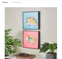 MULTI COLORED CANVAS BIRD 3D TEXTURED LIVING ROOM FRAMED WALL ART WITH BLACK FRAME AND GOLD FOIL ACCENTS, SET OF 2 13"W, 13"H