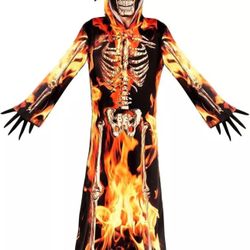 Kids Fire Skeleton Grim Reaper Costume Boys Scary Death Halloween Robe S - XL 12/14
