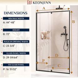 Brand New Pivot Shower Door, 44-48" W x 72" H Semi-Frameless