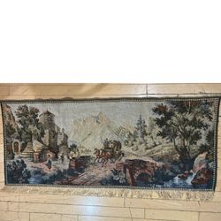 64” Vintage German Folk Jacquard Picturesque Gobelin style Tapestry -Rural story scene,  Horse-drawn carriage, Mountains, Castle, Stone bridge 
