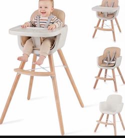 Baby High Chair, 6-in-1 Eat & Grow Wooden Highchair/Toddler Chair with Removable Tray, 5-Point Harness, PU Cushion and Footrest, Convertible High Chai