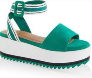 "Rouge Helium" Women's Size 9 Green Platform Sandals White / Green Ankle Straps. The sandals in the image are the Rouge Helium platform sandals in gre