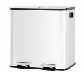 Garvee 30L Double Pedal Bin Metal Kitchen Waste Separator Soft-Close Lid Removable Buckets Handles White for Home Office