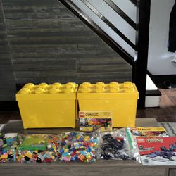 Assorted Lot of Legos Classic 10698 1 and 2 W/Mega Construx Pokémon 2 Storage Containers