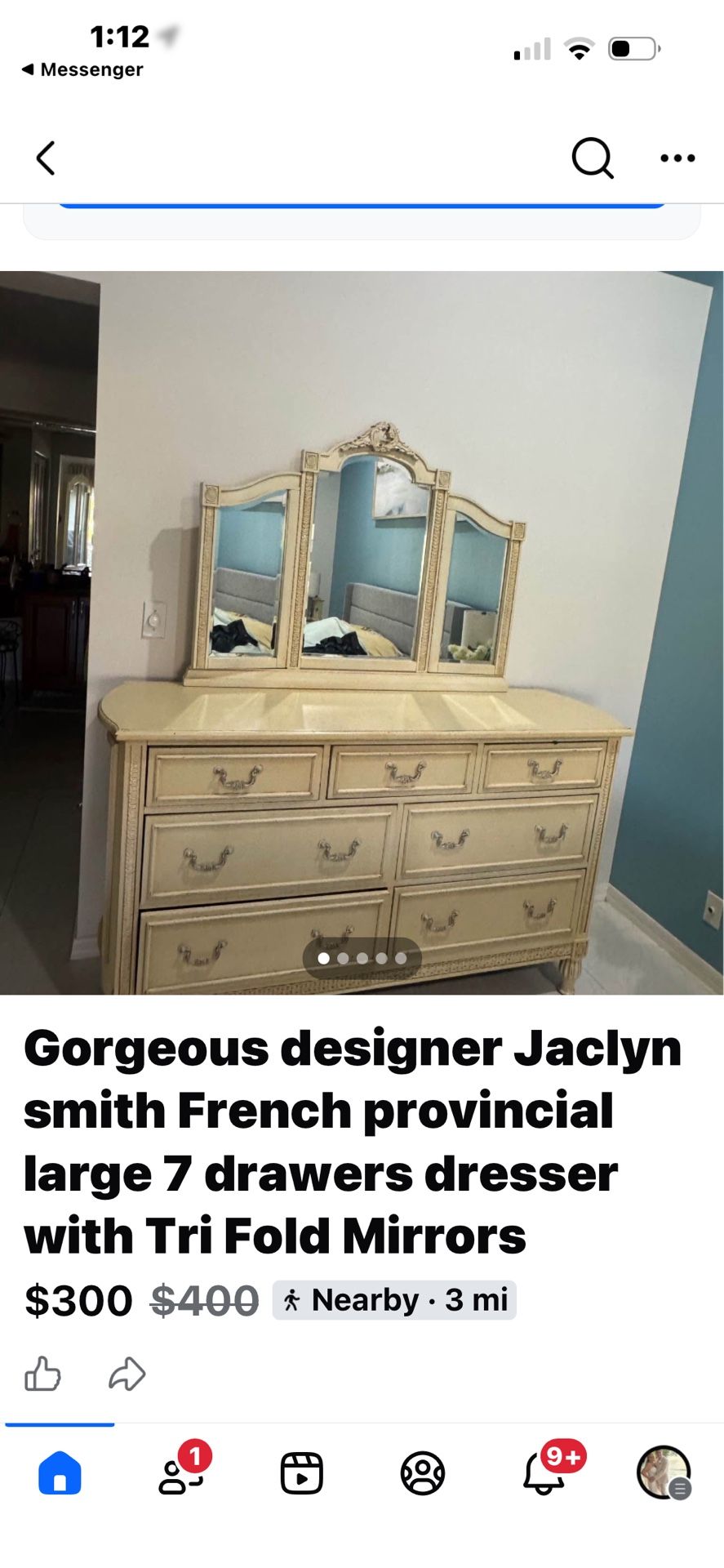 French Provincial Solid Wood 7 Drawer Dresser With Tri Fold Mirror