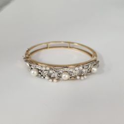Vintage 14k Two Tone Gold Diamond Pearls Bangle Bracelet