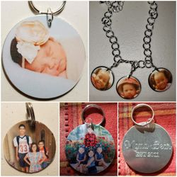 Photo charm bracelets and keychains.