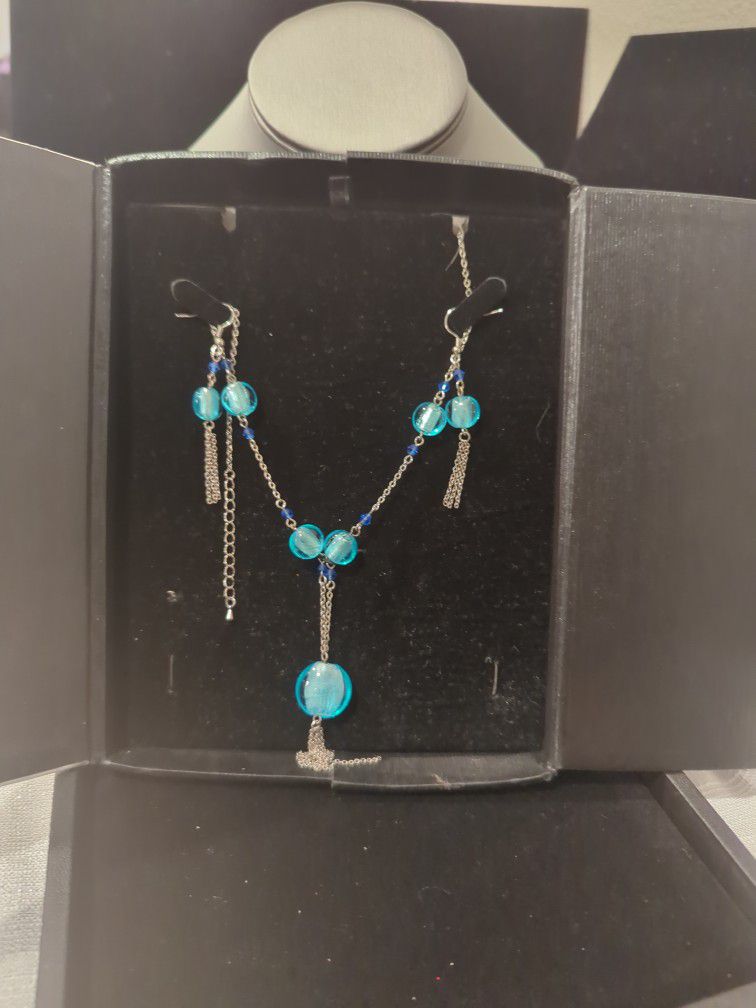 Personal Accents Glass Blue Beads Necklace With French Hook Earrings
