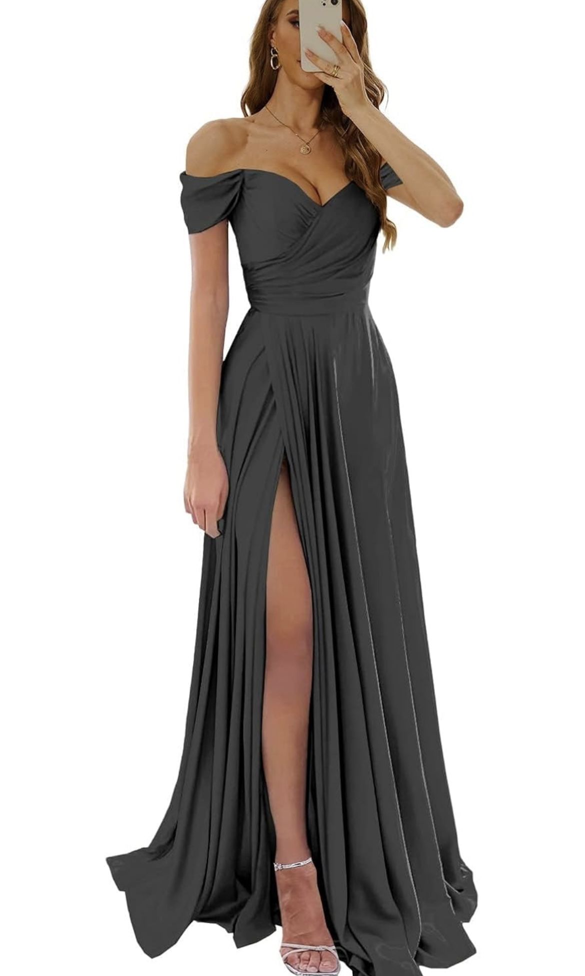Womem's Off The Shoulder Bridesmaid Dresses with Slit Satin Formal Gowns Long Prom Evening Party Dress with Pockets