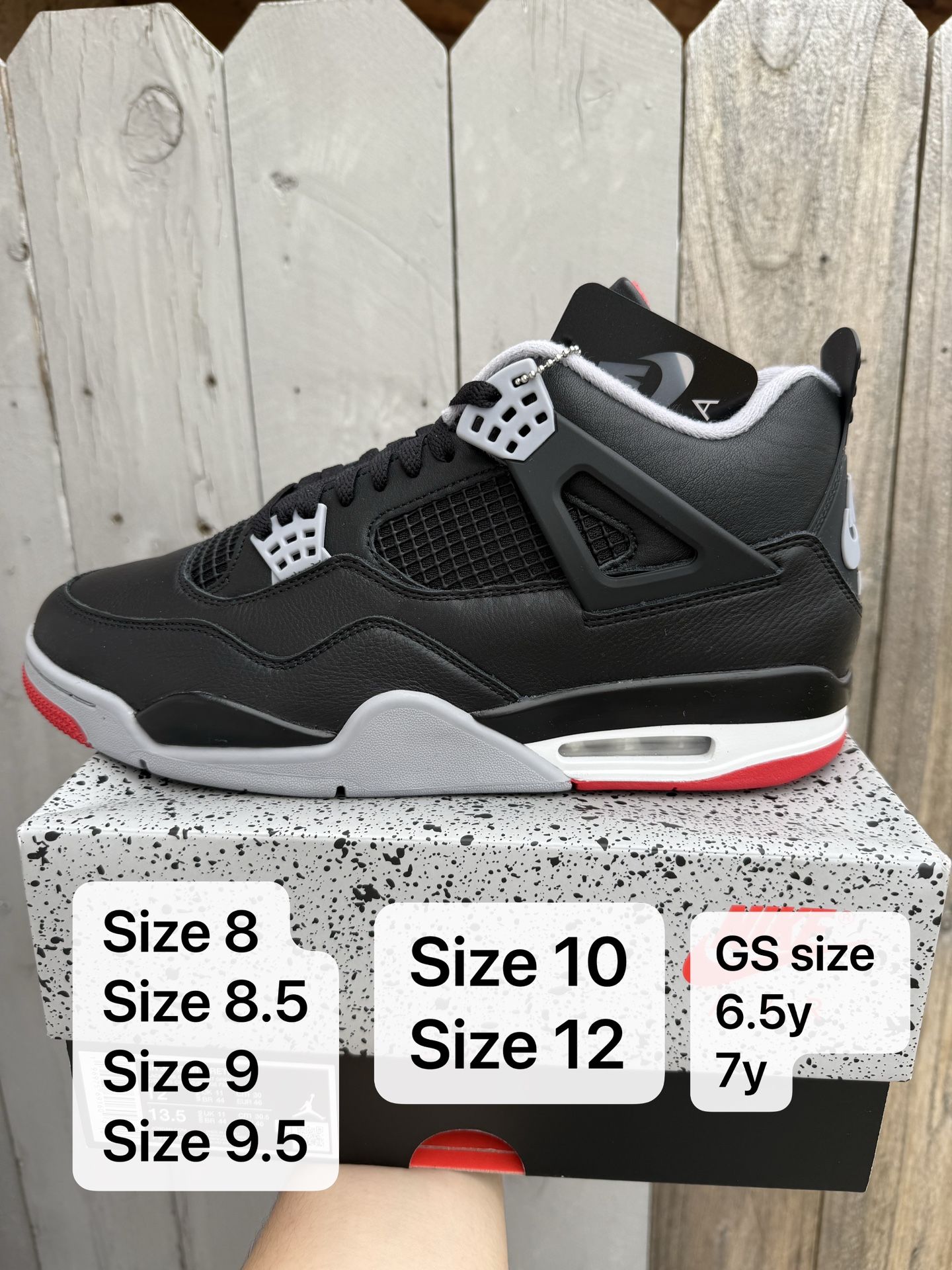 Air Jordan 4 Bred Reimagined Mens Size 8 size 8.5 size 9 size 9.5 10 size 12 GS size 6.5y size 7y