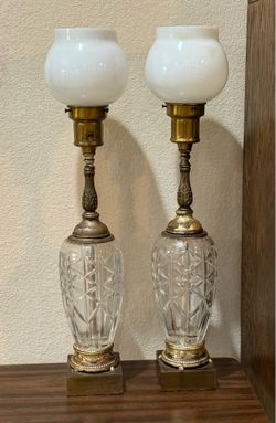 Heavy Antique Cut Crystal & Brass Set of 2 Table Lamps - 30” Tall