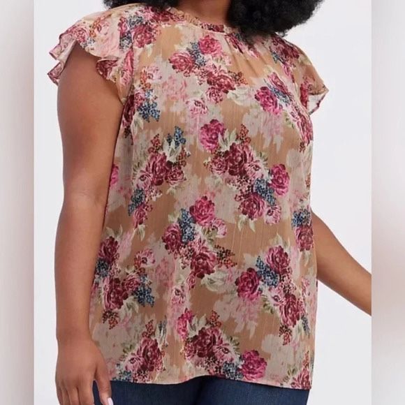 Torrid Mock Neck Tank Crinkle Chiffon Floral Tan Blouse Sz 2