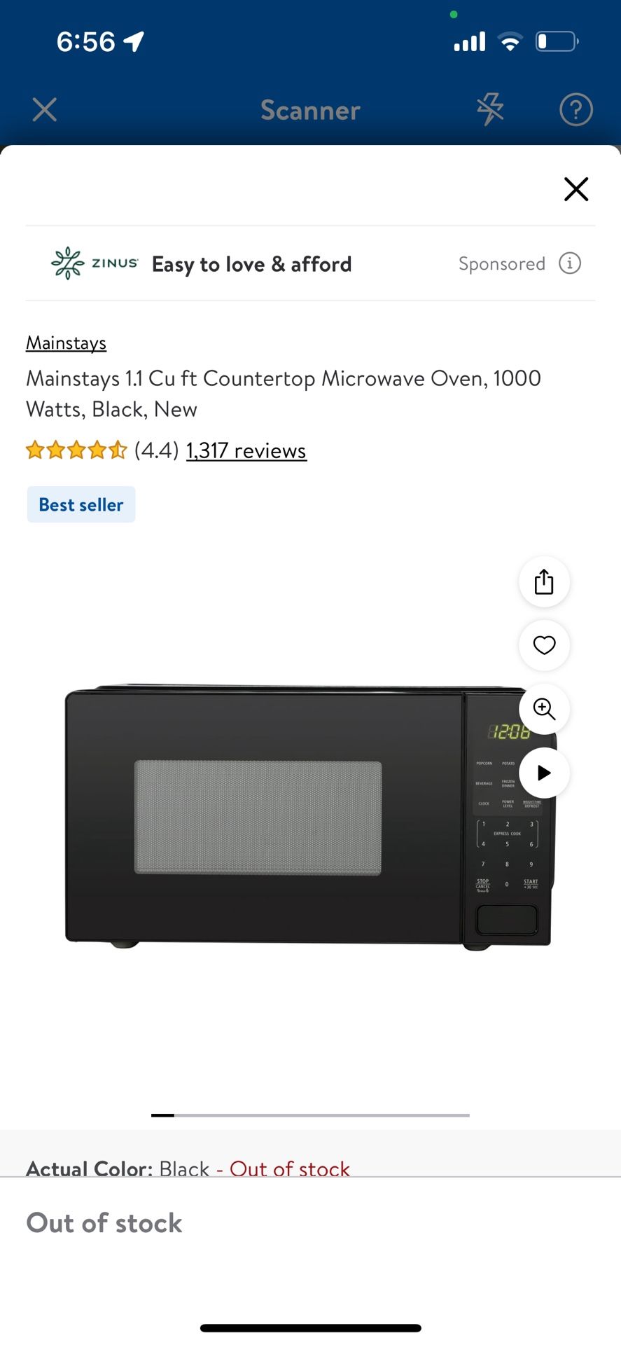 Mainstays 1.1 Cu ft Countertop Microwave Oven, 1000 Watts, Black, New