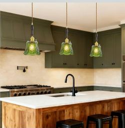 Set of 3 Green Glass Pendant Lights – Vintage Floral Design, Brass Finish