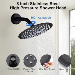 Set 8 Inch Round Rainfall Shower Head with Handheld Shower Vaval and Trim Kit Wall Mounted Shower Faucet Set, Matte Black