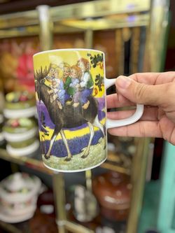 Trolls Riding a Moose Ceramic Mug | Yellow Purple Woodland Design