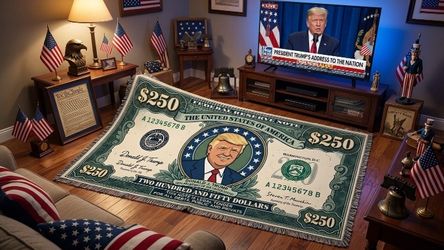 Donald Trump $250 Bill Woven Throw Blanket — high quality design for patriots.