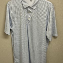 * Greg Norman Polo Shirt Mens Size Large White/Blue Checkered Geometric Shark Golf Short Sleeve