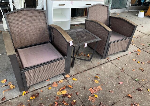 **BARGAIN BUY** #101782 Pair of Outdoor Rattan Chairs with Pull Ottomans and a Matching Drink Table (You Supply the Back and Seat Cushions)