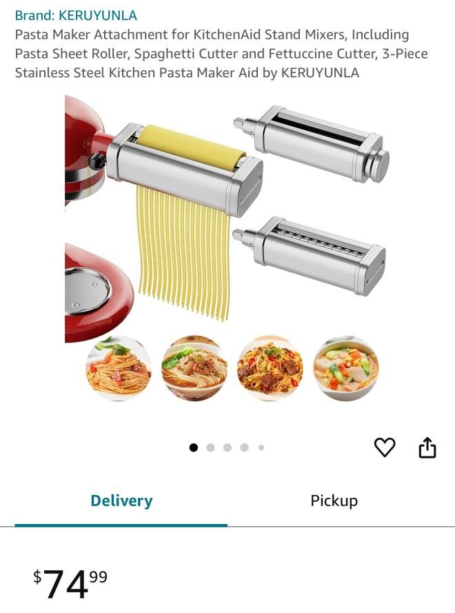 Pasta Maker Attachment for KitchenAid Stand Mixers, Including Pasta Sheet Roller, Spaghetti Cutter and Fettuccine Cutter, 3-Piece Stainless Steel Kitc