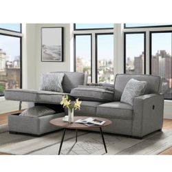 New Sectional Sleeper Chofa with Pull Bed, Drop Table & USB in Palmer Grey -Sofabed