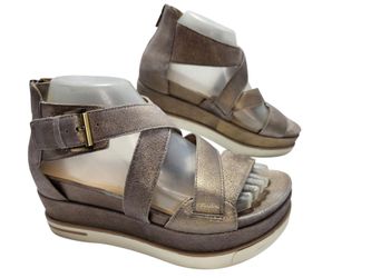 Eileen Fisher Boost Metallic Gold Suede Platform Wedge Sandals Women’s Size 8.5