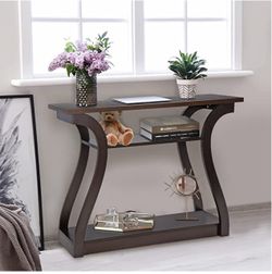 Dark Brown Wood Console Table with Shelves