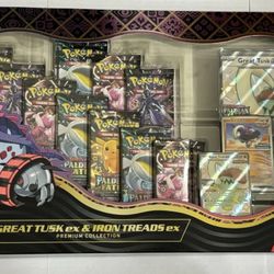Pokemon Paldean Fates Great Tusk ex & Iron Treads ex Premium Collection Box NEW