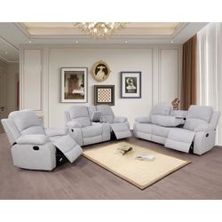 Light Grey Linen Reclining Sofa Set