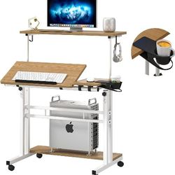 Mobile Standing Desk, Adjustable Rolling Computer Desk with 3 Desktops, Portable Laptop Table with Desk Cup Holder, Home Office Laptop Workstati