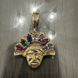 Solid 10k Yellow Gold Indian Head Pendant Charm CZ Stones