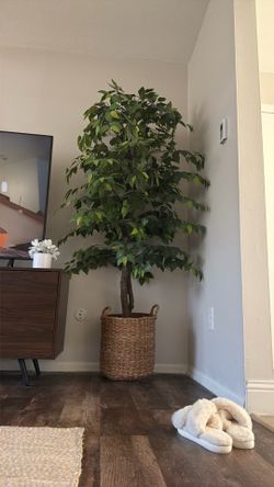 Artificial Tree with Woven Rattan Handled Basket