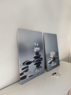 Zen Stones Spa Wall Art White Lotus Floral Bloom on Stone in Water