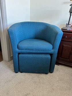 Blue Barrel Accent Chair + Ottoman Set — Perfect Condition