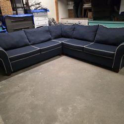 Modern Blue Fabric L Shaped Sectional Couch with Pull Out Bed